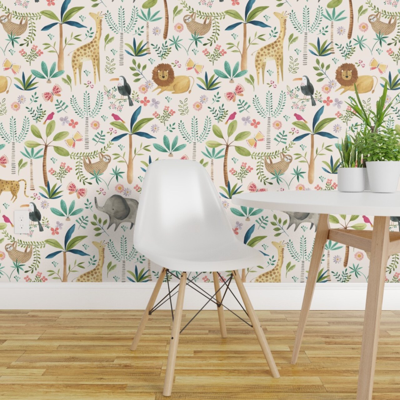 Peel & Stick Wallpaper 2FT Wide Jungle Safari Animals Nursery Kids Baby Cute Gender Neutral Beige Green Blue Lion Elephant Sloth Custom Removable Wallpaper by Spoonflower